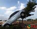 韩国遭台风袭击一辆汽车后备箱被掀开2辆车被掀翻到栅栏上