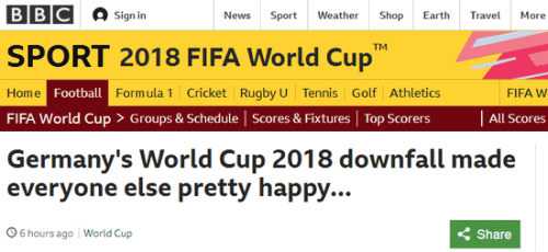 BBC发文：德国在世界杯的垮台让其他国家超开心