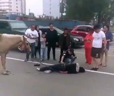 男子模仿网红视频在机动车道上骑马 被当街摔晕