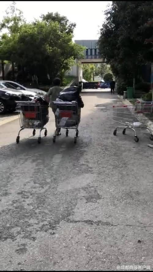 超市购物车被推走当垃圾车 超市:收回清洗后再使用