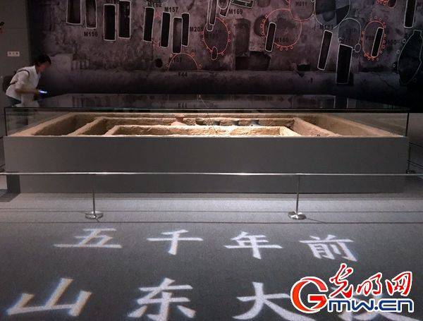  “五千年前，山东大汉”，在展厅内复原墓葬前投影着这几个大字，展区内这位人高马大的“山东大汉”引发人们围观。（李政葳/摄）