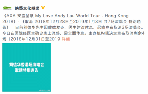 刘德华确诊患流感中止演唱 香港场演唱会后续全部取消