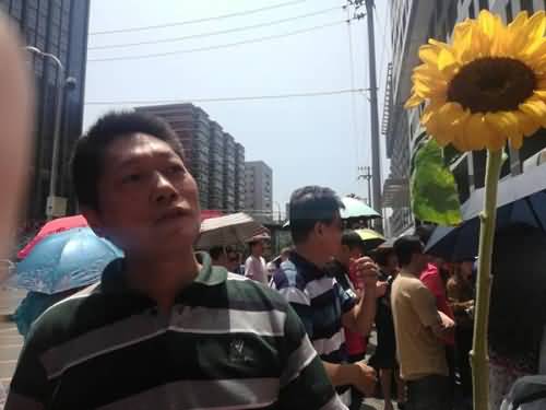 北京市八一学校考点外一家长拿着向日葵等孩子出来。澎湃新闻记者 廖瑾 图