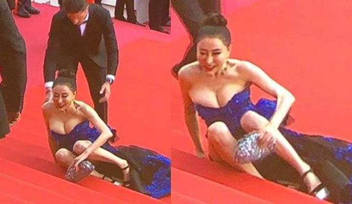 女星戛纳红毯摔倒